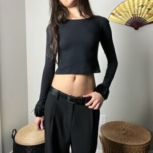 vintage 90s y2k black long sleeve feather trim crop top blouse by free paris